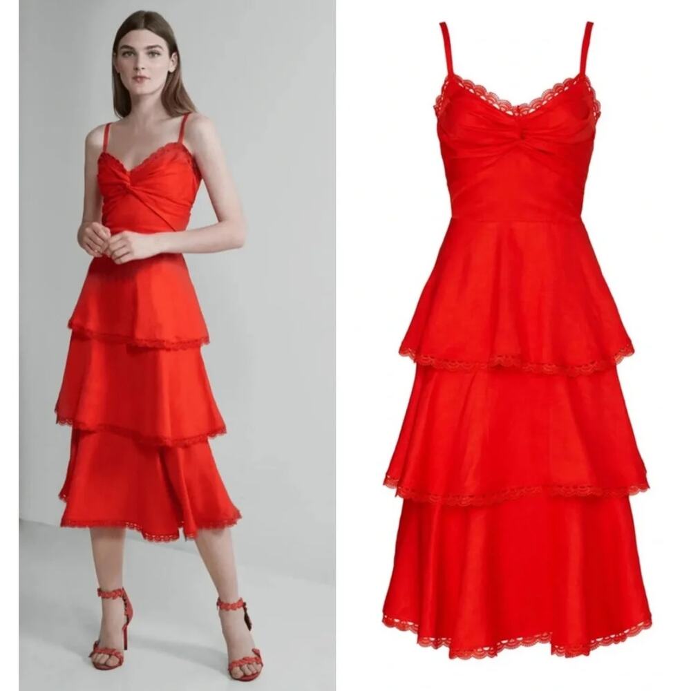 Marchesa Notte Red Tiered Midi Dress in Size 10 Linen Blend Tank Fiesta EUC